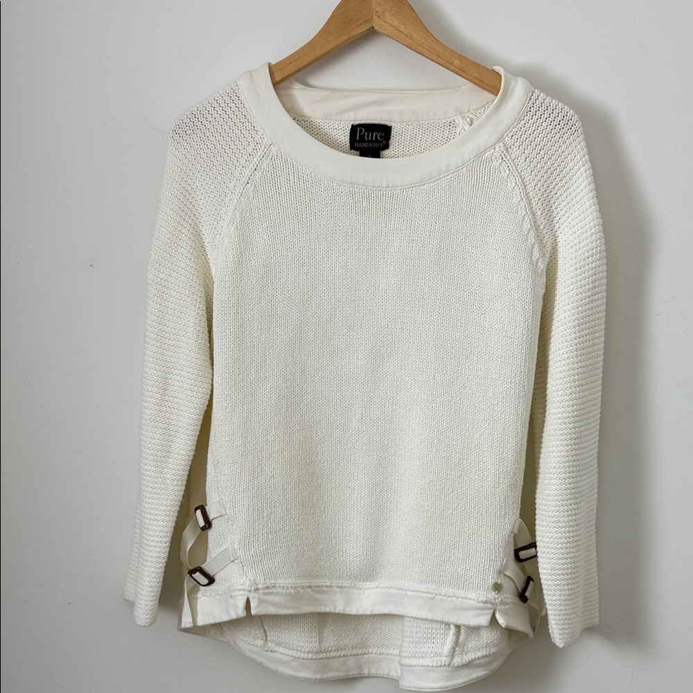 Pure Handknit White Cotton Sweater – Size M
